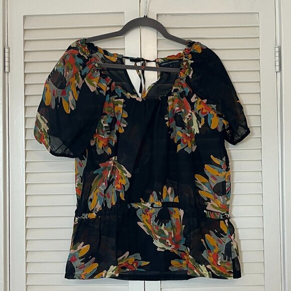 French Connection peplum blouse sheer 4 silk cotton floral black - Picture 1 of 9